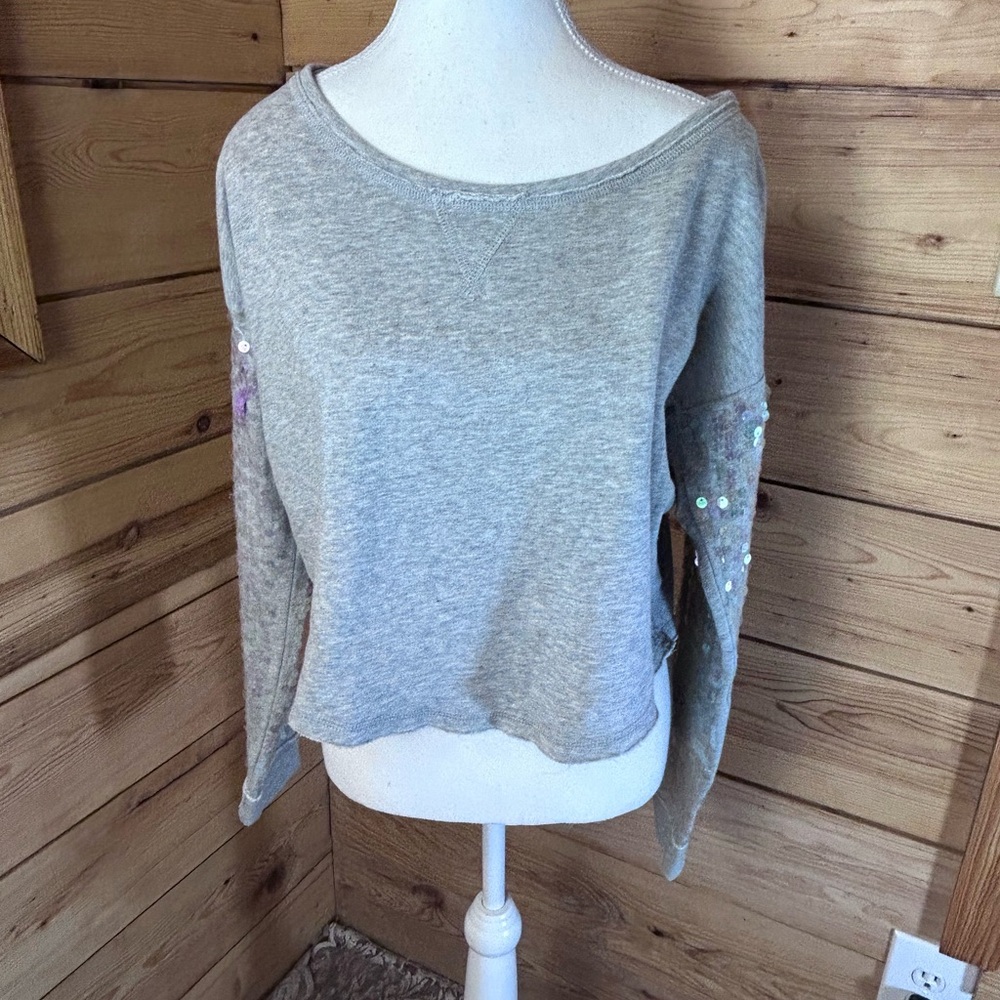 Aeropostale Grey Sweatshirt Sequin Sleeves Up cycled Mermaid Fairy Balletcore Y2